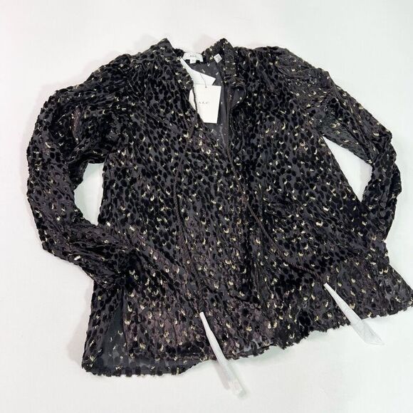 ALC Ophelia Blouse Womens 2 Brown Long Sleeve Tie Neck Velvet Metallic New - Picture 1 of 12